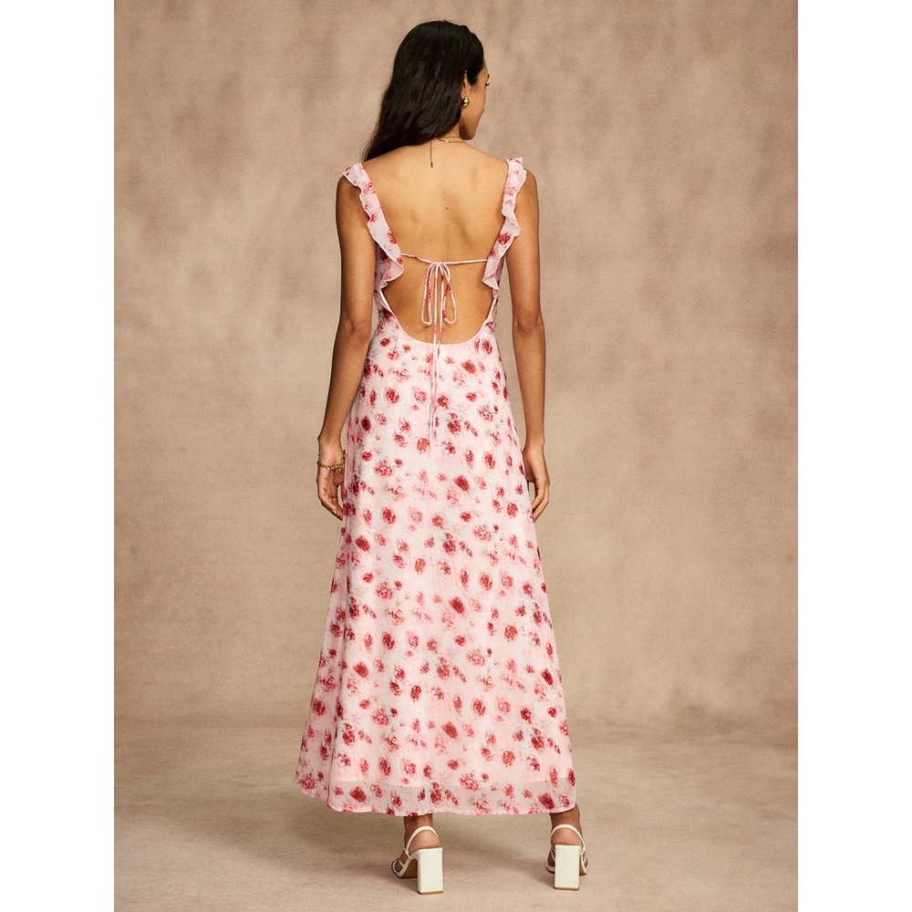 Commense Floral Maxi Dress Open Back Ruffle Tie Cottagecore size XL/12US - Picture 6 of 6